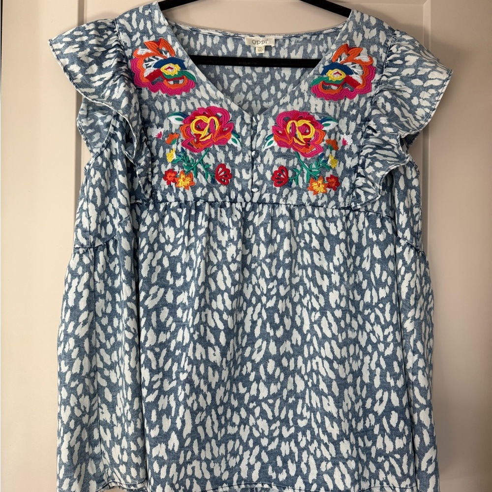Floral Embroidered Blue Blouse